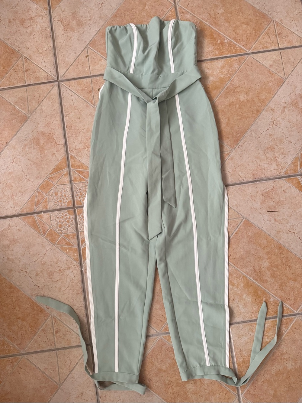 Strapless Sage Green Jumpsuit with White Stripe Accents